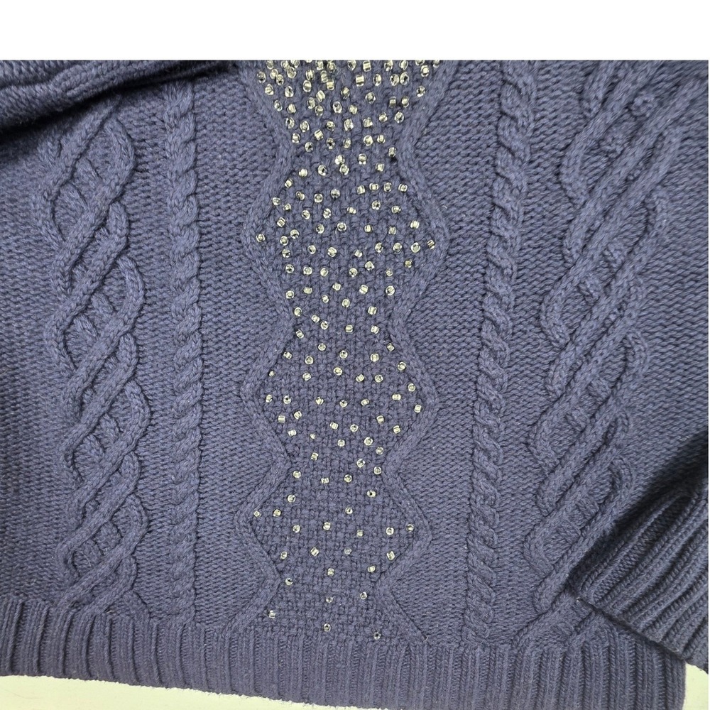 J.Crew Factory Sweater Womens‎ Medium Merino Wool Navy Blue Beaded Cable Knit - Picture 14 of 16